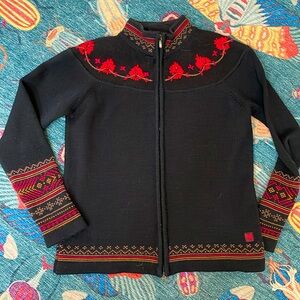 Stunning Dale of Norway black red wool embroidered zip cardigan sweater S